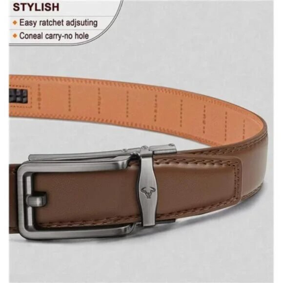 MEN Leather Belt, Ratchet Click Sliding Genuine Leather Adjustable Belt - Picture 2 of 8